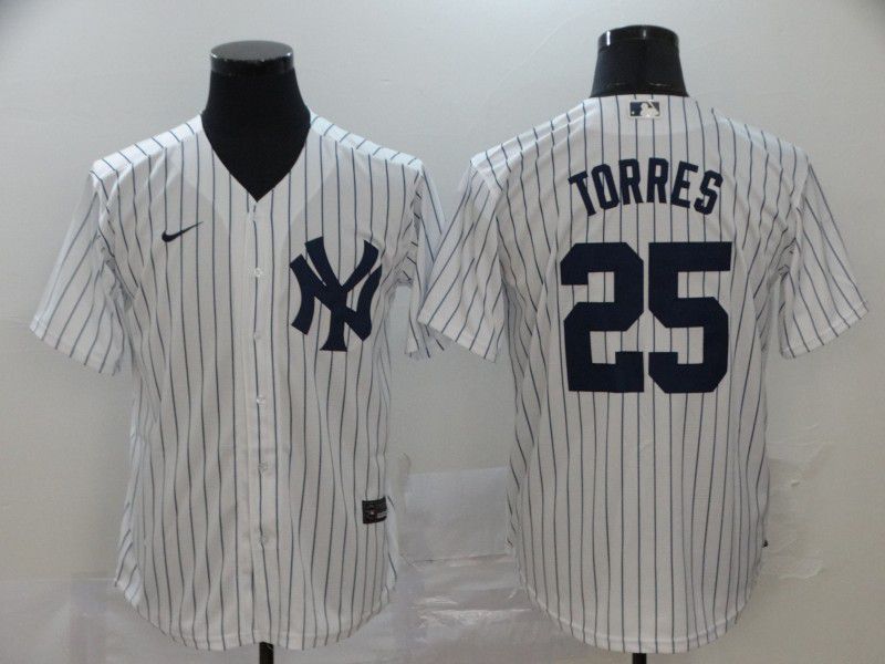 Men New York Yankees 25 Torres White stripes Nike Game MLB Jerseys